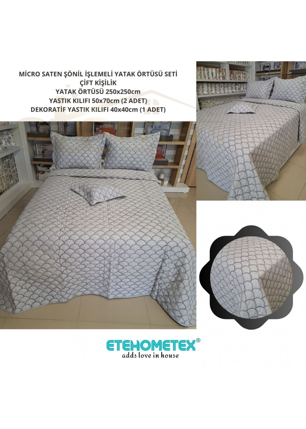 MİCRO SATEN ŞÖNİL İŞLEMELİ ÇİFT KİŞİLİK YATAK ÖRTÜSÜ SETİ GRİ 8696474231908